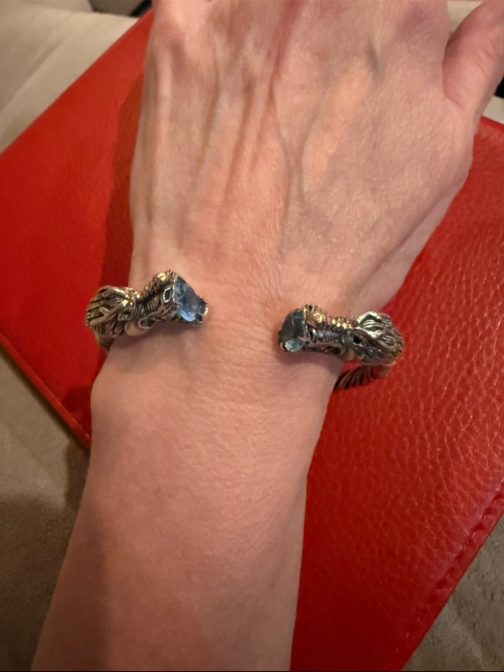 Silver Dragon Head Cuff Bracelet with Blue Stones
